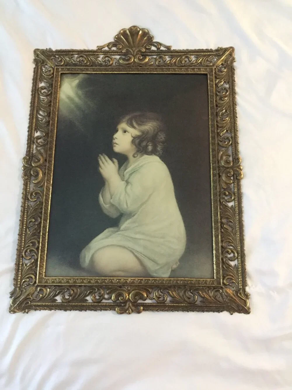 Vtg Italy Filigree Brass Bubble Glass Frame THE INFANT SAMUEL Praying 15x21